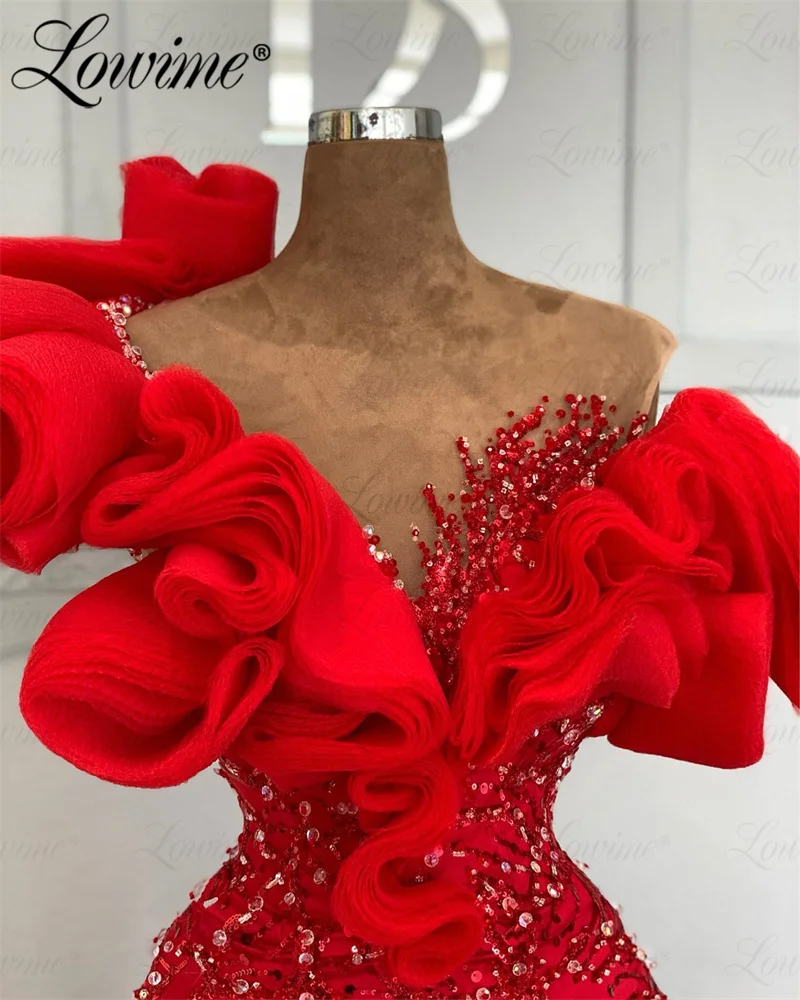 Vestidos de Noche de sirena Roja Árabe de Dubái, hombros descubiertos, volantes, cuentas brillantes de cristal, vestidos de fiesta de boda, vestido de graduación, 2023