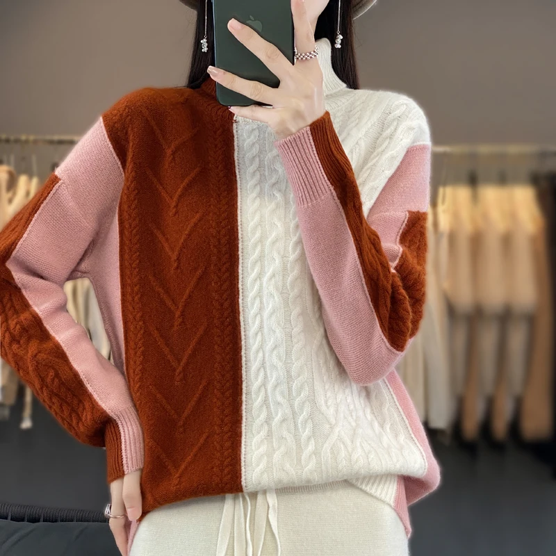 Woman's Sweater Winter Thick Casual Spliced Pullover Female Jumper Long Sleeve Turtleneck Top 100% Woolen Knitted Blouse Clothes