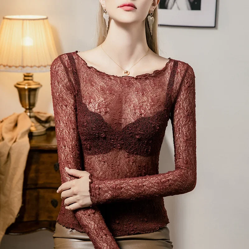 

Summer See Through T Shirt Long Sleeve Solid Color Sexy Short T Shirt Female Round Neck Thin Elastic Skinny Tshirt Femme#4261