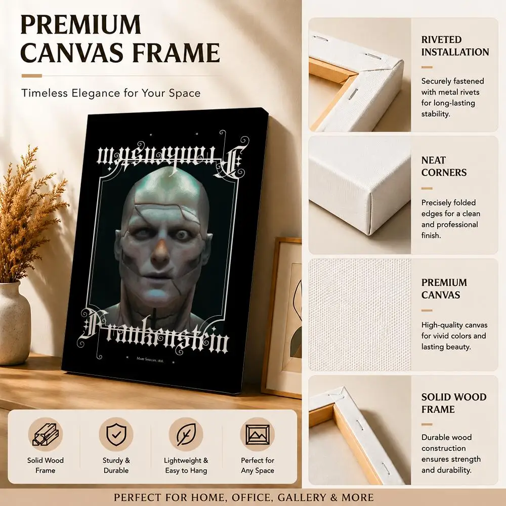 Gothic Horror Movie F-Frankenstein Framed Wall Painting Canvas Art Poster with Solid Wood Frame for Living Room Home Decor
