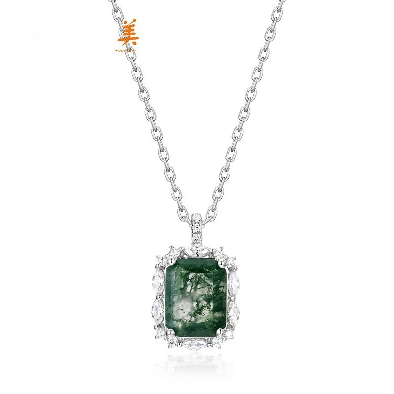 Shining U 925 Sterling Silver 7*9mm Rectangle Green Stone Necklace for Women Fine Jewelry Summer