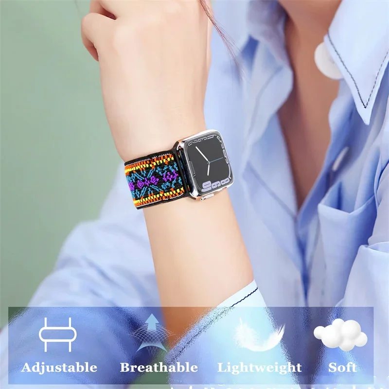 애플 워치 밴드용 탄성 나일론 스트랩, 보헤미안 팔찌, iWatch 6, 5, 4 Se, 40-41mm, 45-46-44mm, Ultra2, 49-42mm 시리즈, 10, 9, 8/7, 2 개