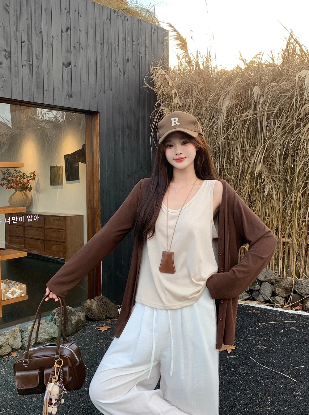 

plus Size Lazy Style Women's Early Autumn New Versatile Strap Vest Outer Sun Protection Long Sleeve Open Cardigan Top Set