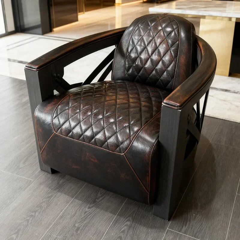 Q Discount Medieval solid wood sofa chair retro oil wax leather single sofa villa recliner leisure chair living room bar
