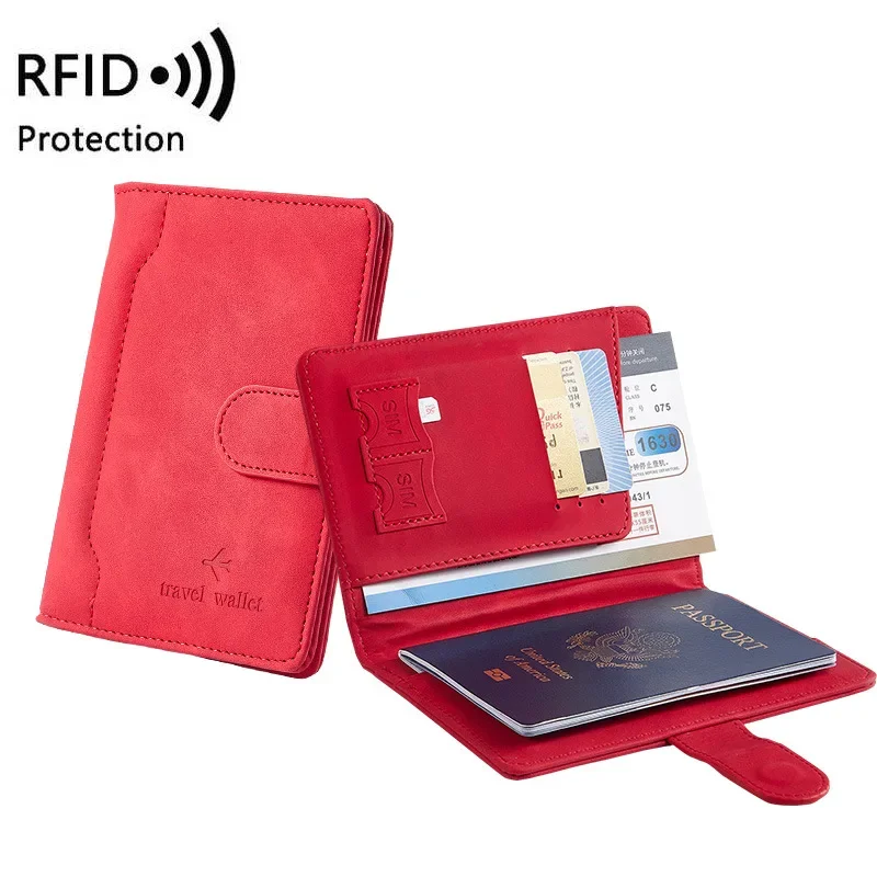 Dompet paspor RFID wanita, dompet paspor PU anti-maling, dompet perjalanan, tempat kartu kredit ID Bank pria dengan gesper magnetik