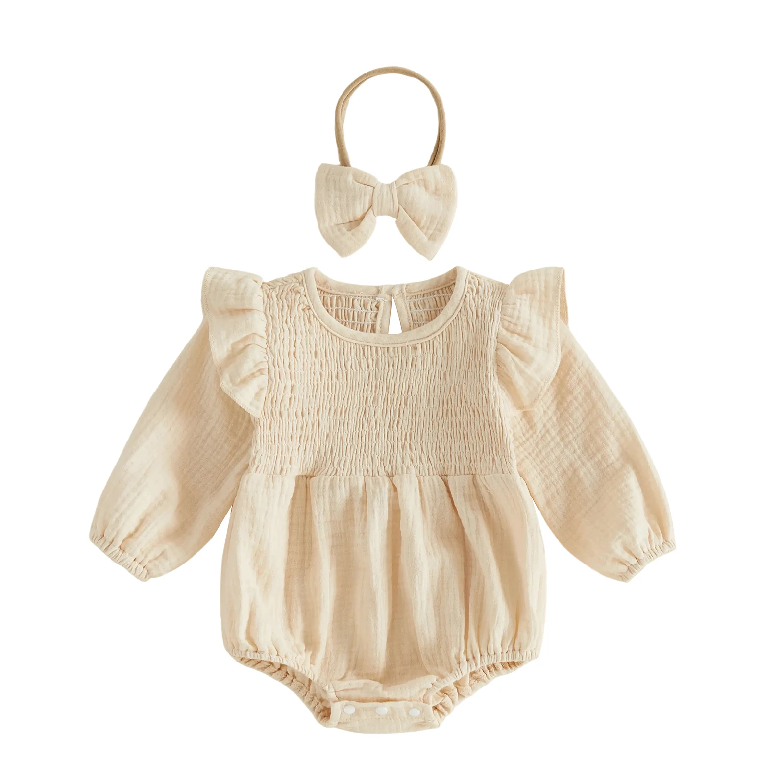 2 Pcs Infant Girl Outfit Puff Long Sleeve Crew Neck Romper and Headband Set