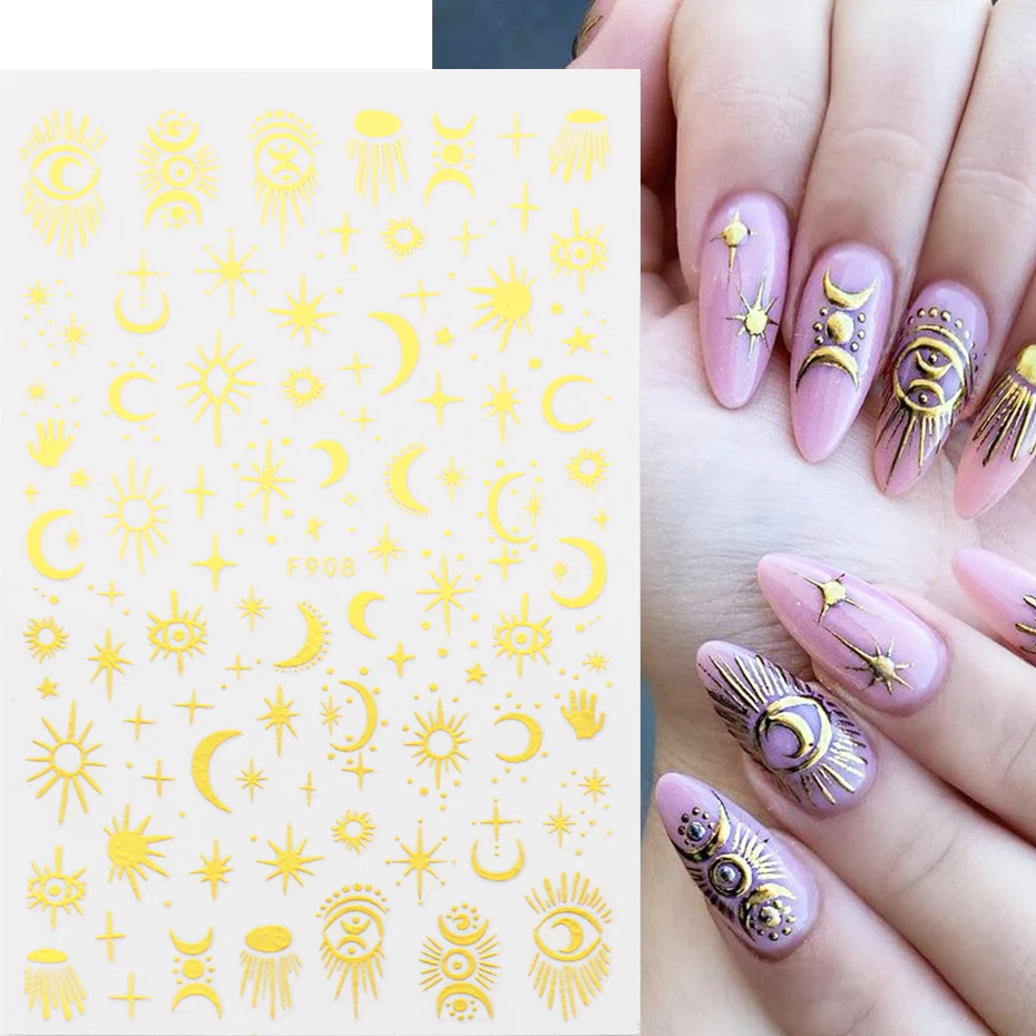 Parlak yansıtıcı güneş ay yıldız 3D tırnak çıkartmalar altın yılanlar alev kuşlar güller yapraklar yeni yıl bronzlaşmaya için kaydırıcılar tırnak LEF908