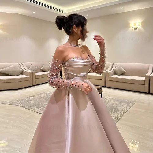 Imagen 2 del producto Vestidos para ocasiones formales elegantes sin tirantes personalizados, vestido largo de fiesta con cuentas de satén y corte en A, vestido de fiesta de noche