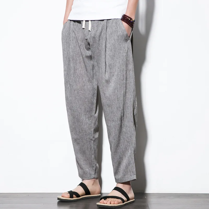 

European and American Summer New Thin Loose Casual Harem Cropped Large Size Cotton Linen Pants Men