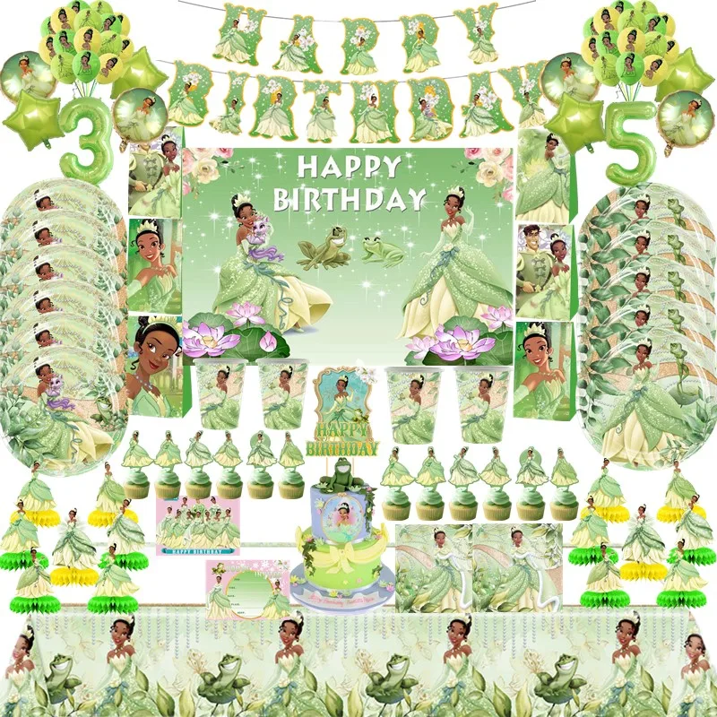 Disney Princess Tiana Theme Decoration Girls Birthday Party Tableware Cup Plate Balloon Backdrops Candy Bag Cake Topper Supplies