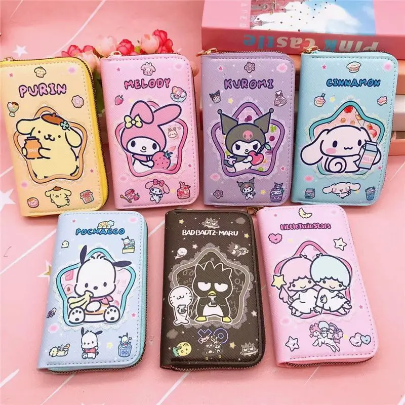 Nova sanrio hello kitty pacha cão carteira longa feminina bonito couro do plutônio grande capacidade zíper moeda bolsa alça de pulso bolsa presente