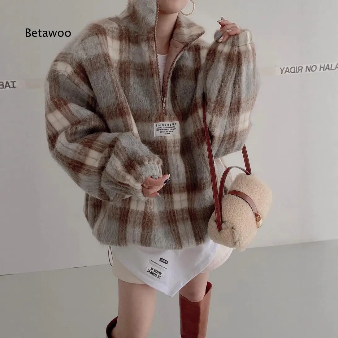 Half Zip Stand Collar Sweatshirt Jacket Women Fuzzy Plaid Pattern Oversized Long Sleeve Loose Pullover For Cold Season Matching