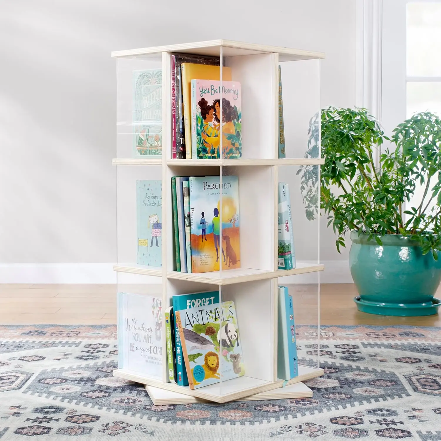 EdQ Rotating Book Display - White: Spinning Plywood Storage Bookshelf with Acrylic Windows for Kids Classroom, Playroom, or Bedr