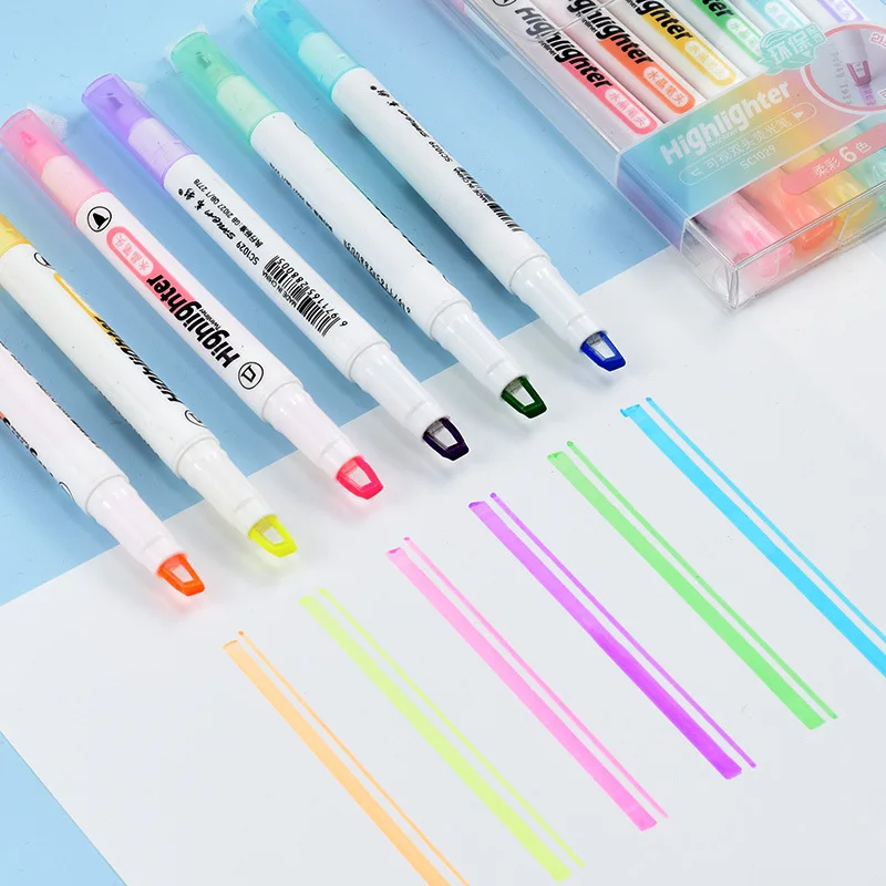 

6pcs Clear View Tip Highlighter Double Tip Pastel Highlighters Cute Fluorescent pen Journal Planner Color Markers Stationery