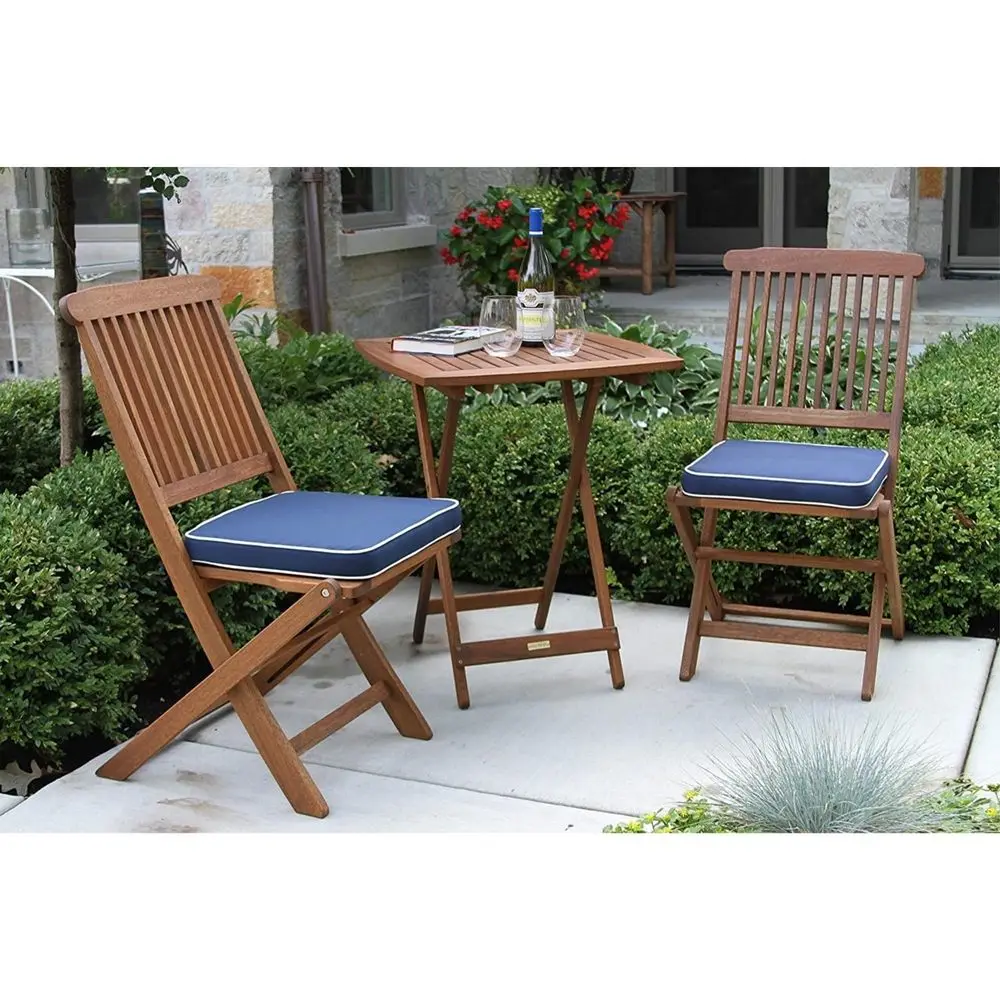 

Eucalyptus Wood 3Piece Square Foldable Bistro Outdoor Furniture Patio Set, Table and 2 Chairs with Cushions, Blue