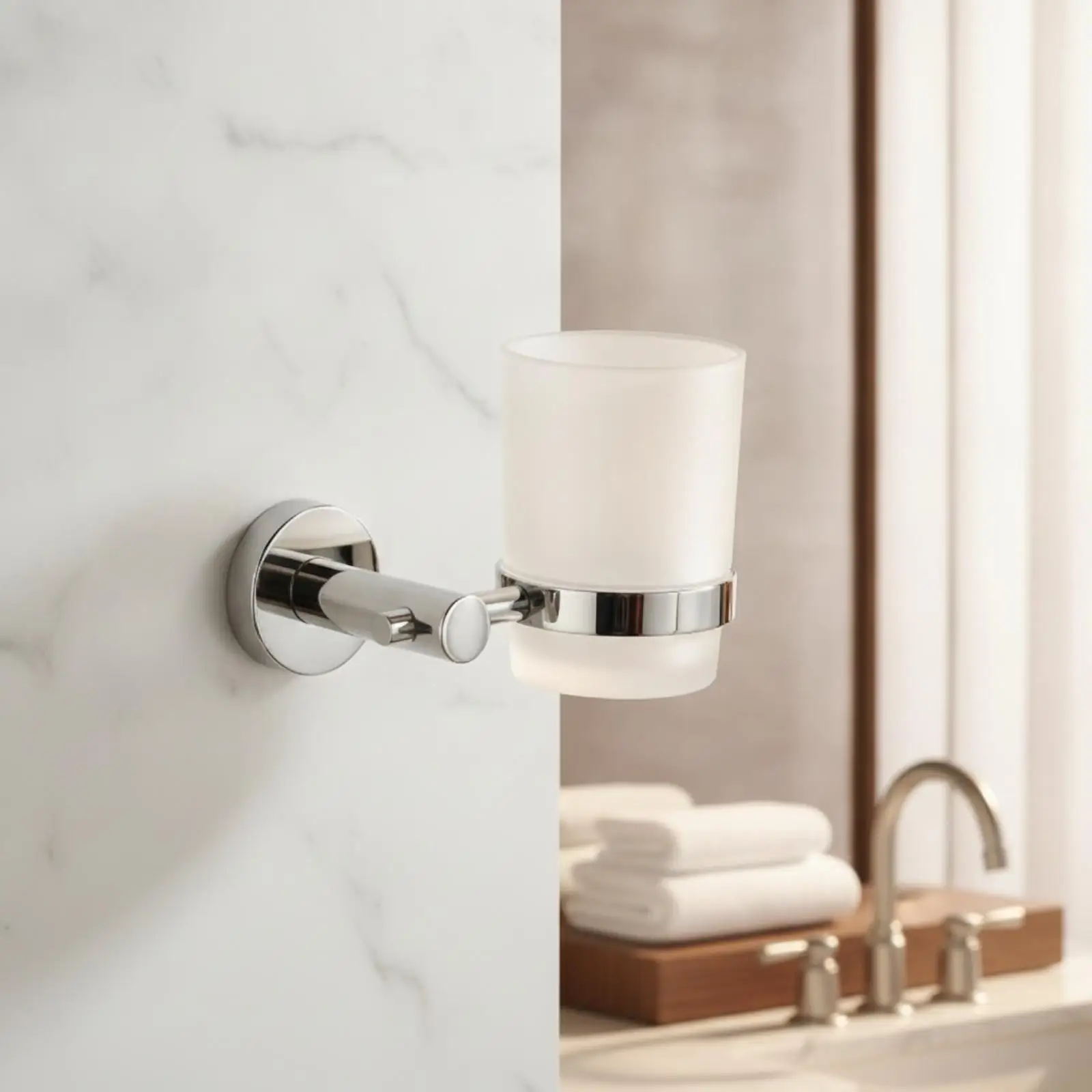 Round Wall Mount Glass Cup Holder with Short Arm for Bathroom Fixture and Sink Organizer