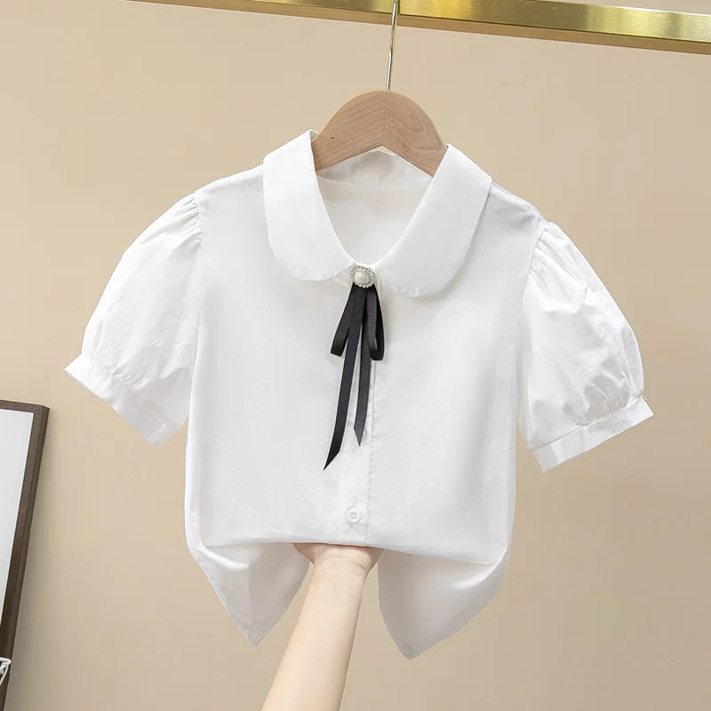 White Cute Uniform Shirts for Big Girls Short Puff Sleeves School Uniform Blouse Princess Turn-Down Collar Bowknot Button Tops