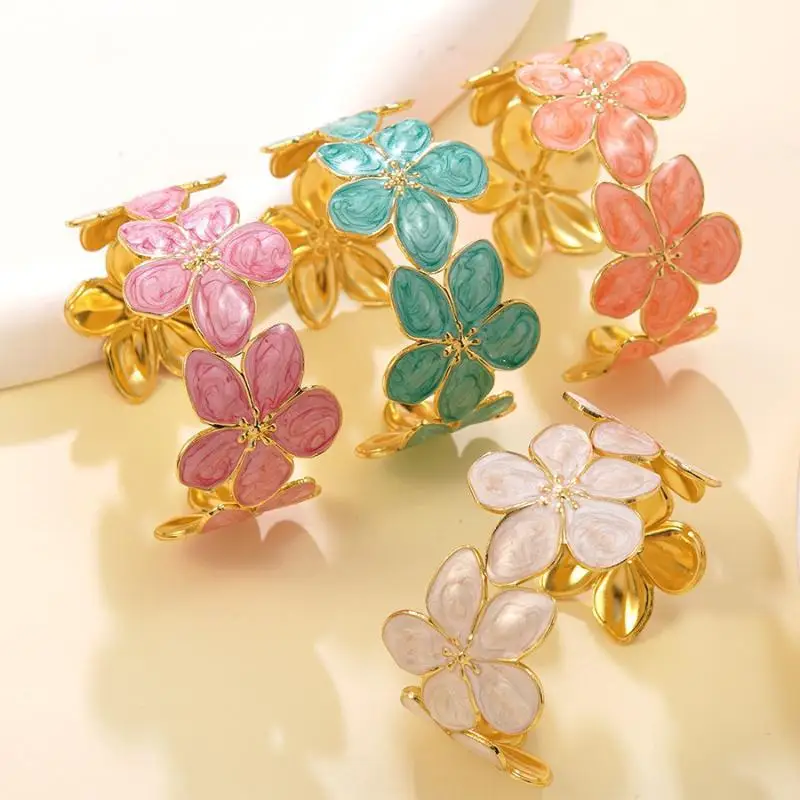 French Inspired Floral Stainless Steel Bracelet Hand Dripped Oil Paint Gold Plated Women Fashion Jewelry