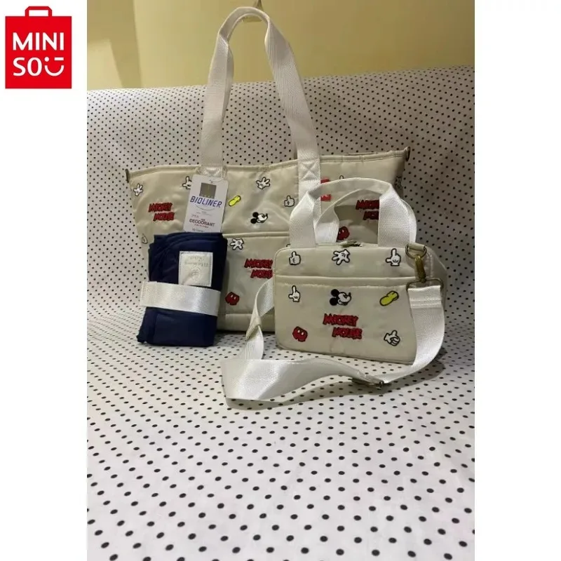 MINISO Disney Fashion Embroidered Mickey Printed Tote Bag Women\'s High Quality Canvas Cute Versatile Handbag