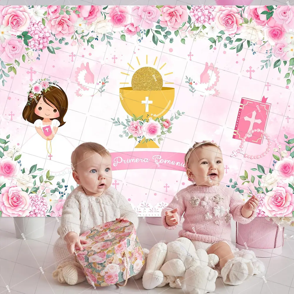 

Mi Primera Comunion Theme First Holy Communion God Bless Backdrop Mi Bautizo Angel Baby Chalice Doves Party Photo Booth Props