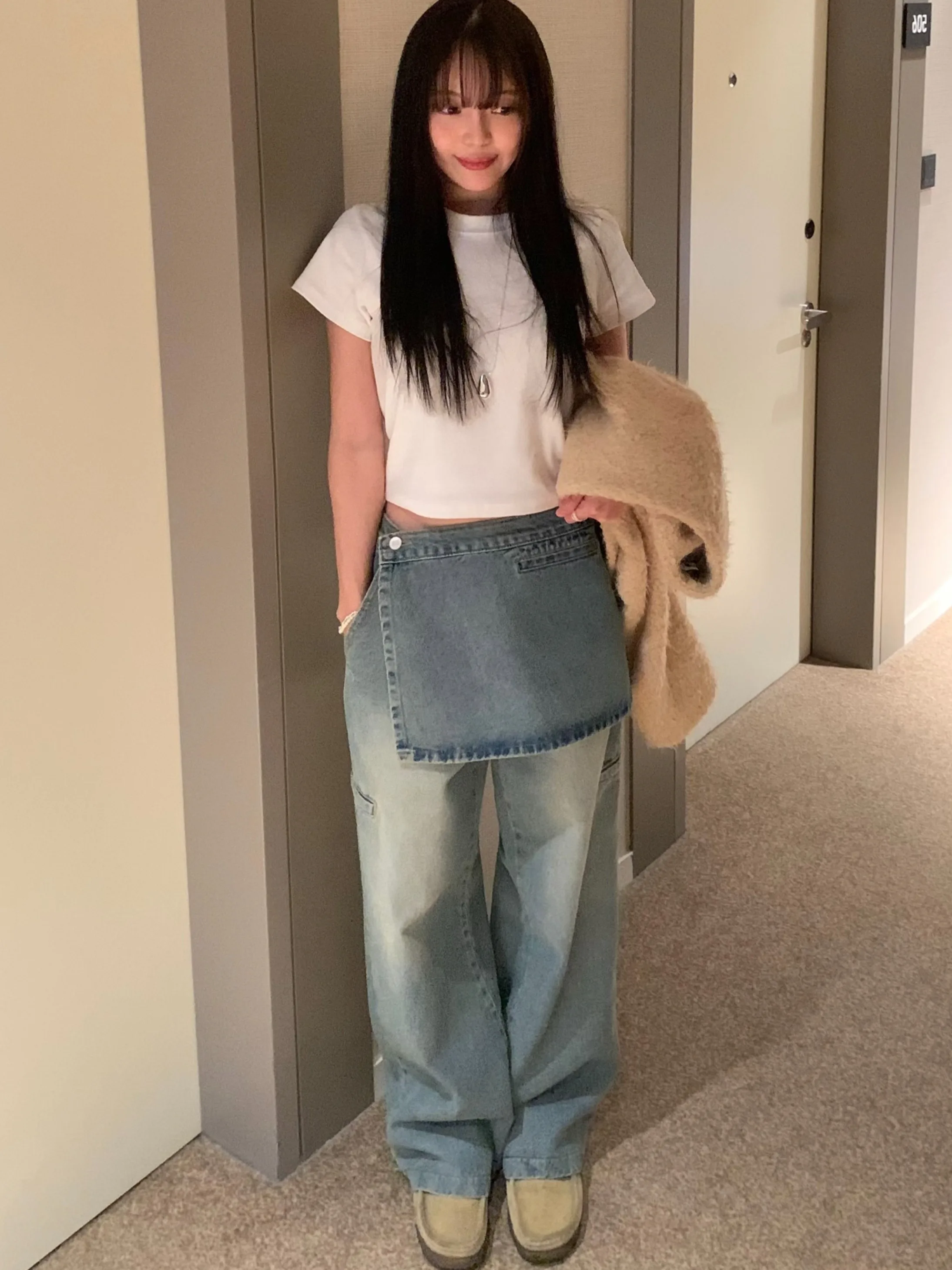 

Винтажные свободные прямые джинсы с завышенной талией, женский дизайн, сенсационный комплект со съемной талией и застежкой на ягодицы, модный комплект