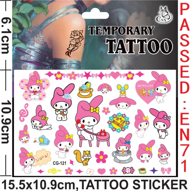 Tatuajes temporales de My Melody para niños y niñas, pegatinas de dibujos animados, Sanrio, kawaii, al azar, 2 piezas