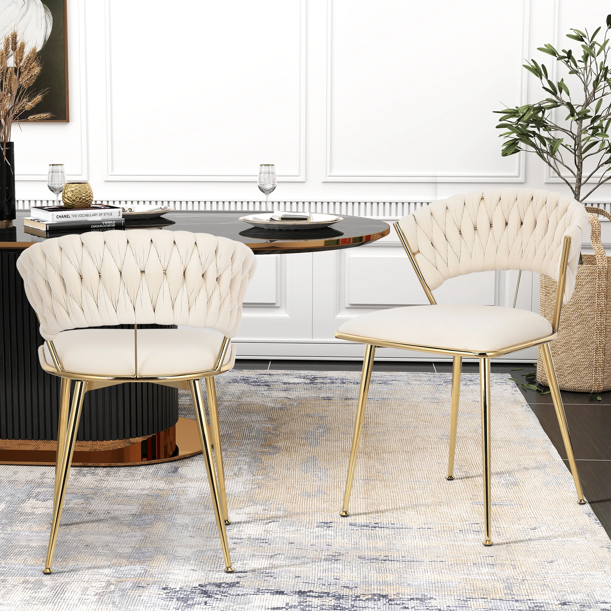 2 Piece Set Velvet Dining Chairs,Woven Round Back ,with Gold-Plated Legs -43.5×43.5×75cm