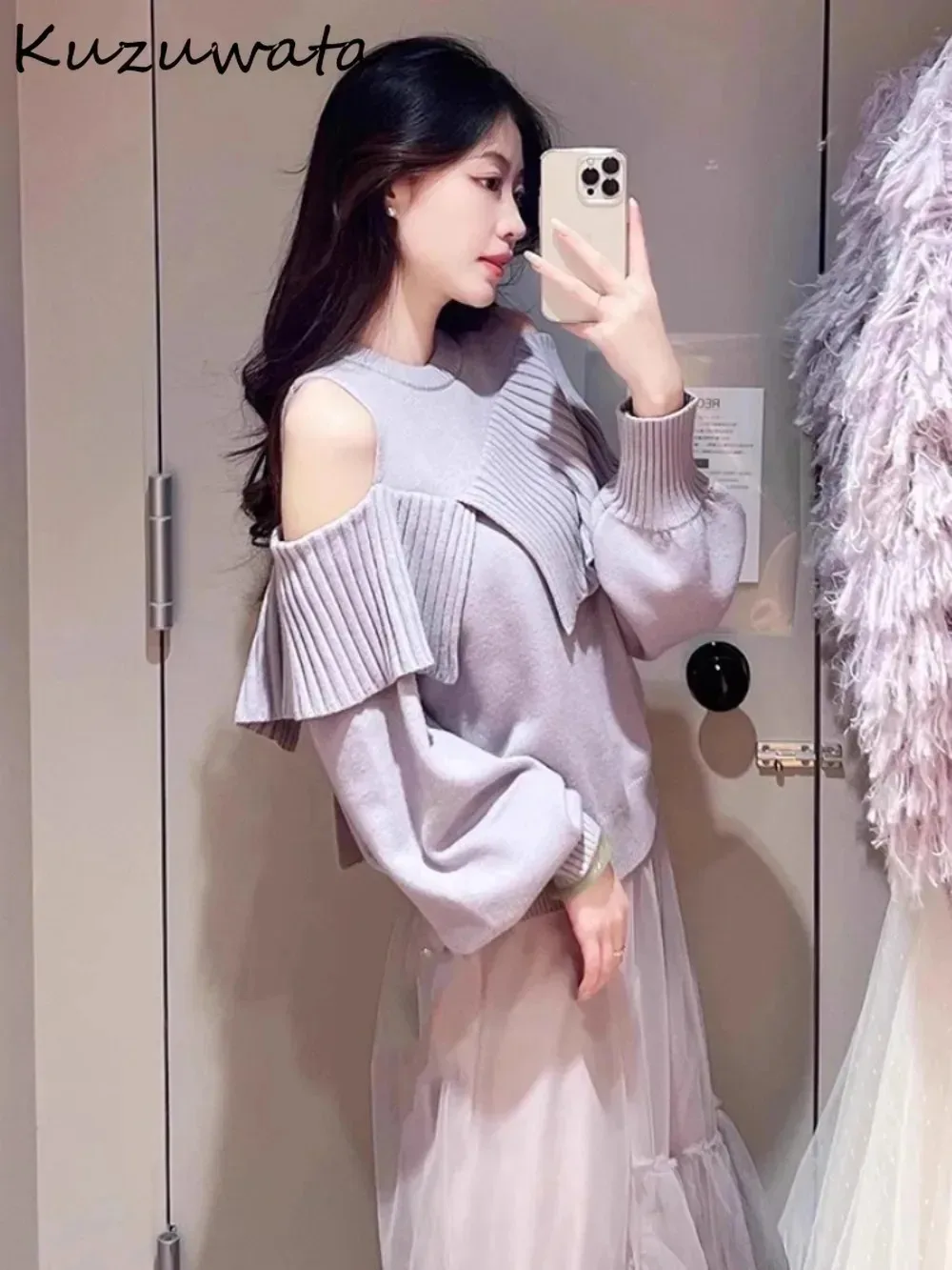 Kuzuwata O Neck Long Sleeve Sweet Wool Jumper Off Shoulder Slim Fit Elegant Sweaters Japan All-match Shawl Patchwork Pullovers