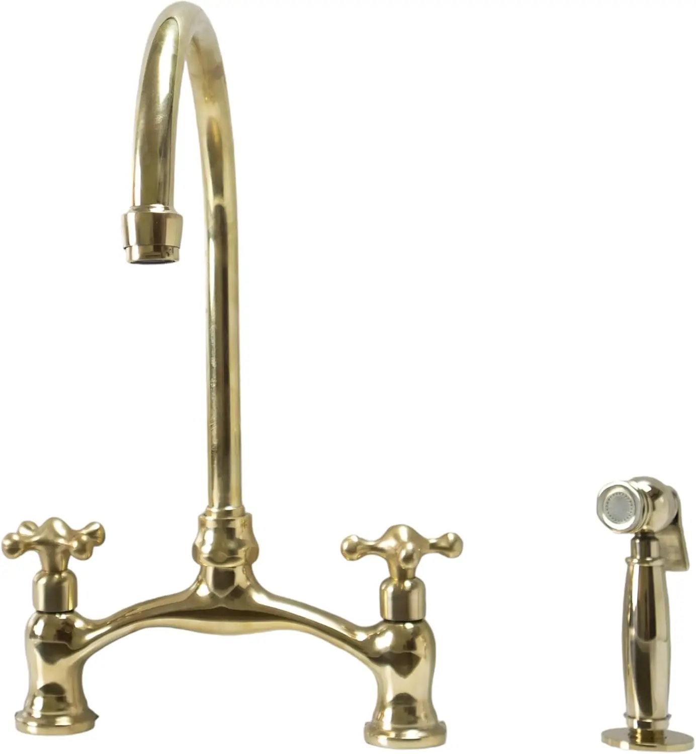 Unlacquered Brass Kitchen Faucet Farmhouse Style 2 Handle Bridge Faucet Sink With Sprayer