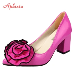 Aphixta 2022 vendita calda grandi fiori di rosa 7cm tacchi grossi pompe scarpe da donna scarpe a punta Appliques pompe Super Big Size 30-50