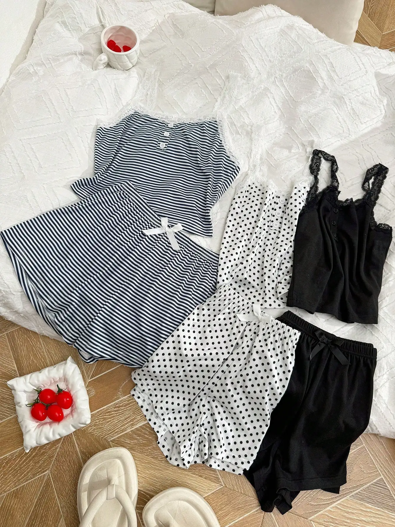 

Комплект из 6 женских пижам в полоску и горошек с кружевной отделкой и шортами с бантом, повседневная домашняя одежда для сна и отдыха