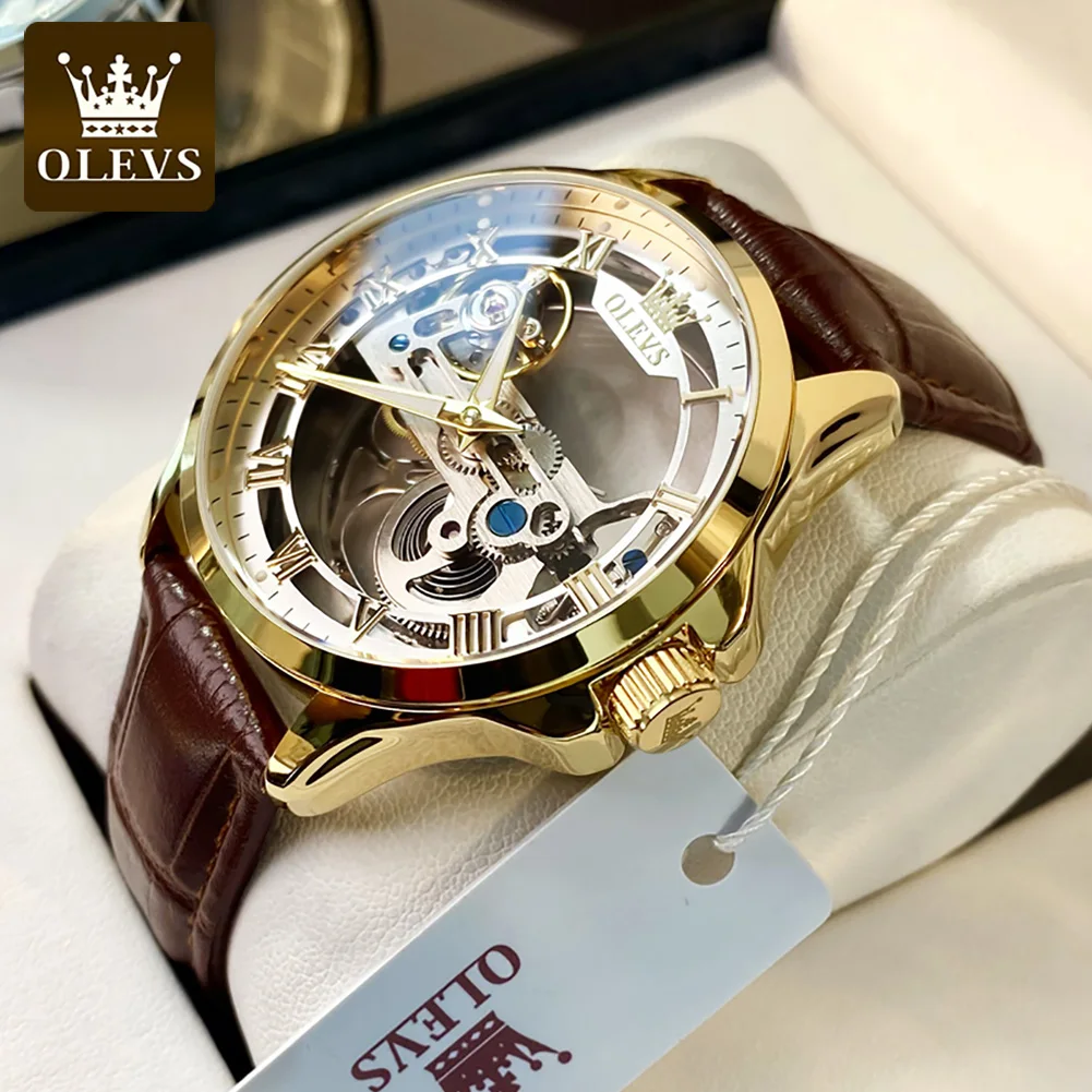 OLEVS 6661 Mechanical Men's Watch Full Transparent Automatic Movement Stainless steel Leather Strap Wristwatch