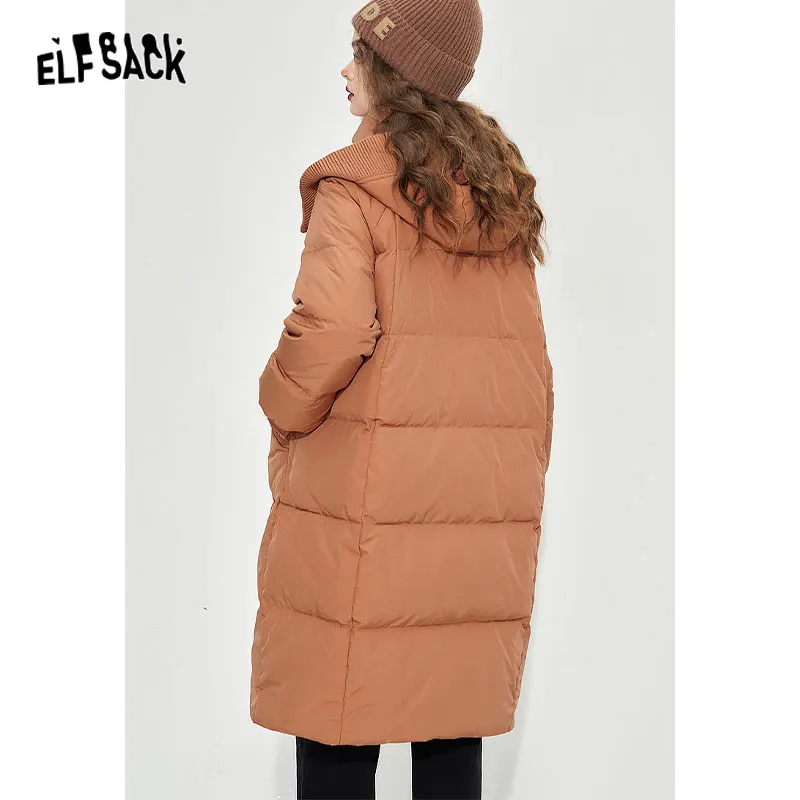 ELFSACK Vintage Orange Warm Down Coats Women 2023 Winter Loose Mid-length Casual Coats