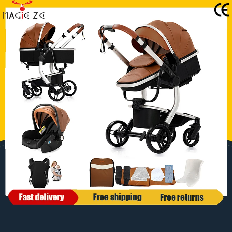 Poussette de luxe 3-en-1 en cuir PU imperméable pour nouveau-né avec siège auto, poussette portable, landau de voyage pliable