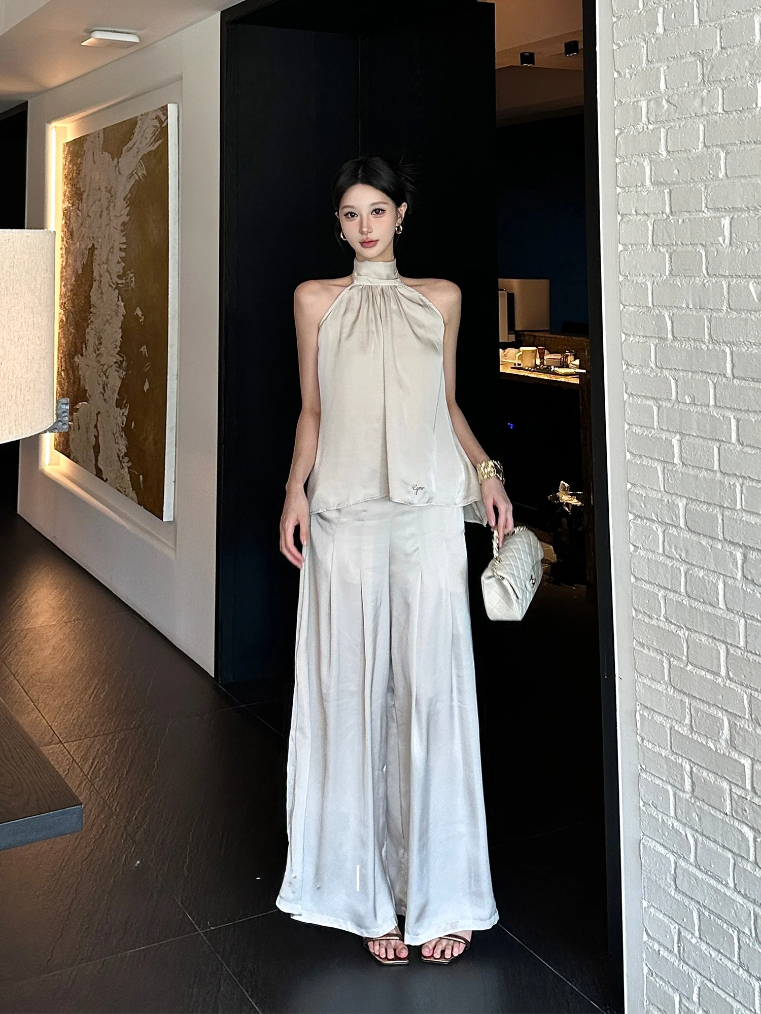 MOXI Sexy Bal Drapey Silk Satin Ribbon Asymmetrical Hanging Ne Spicy Girl Top Women's Faion Set Ele Sle Autumn...