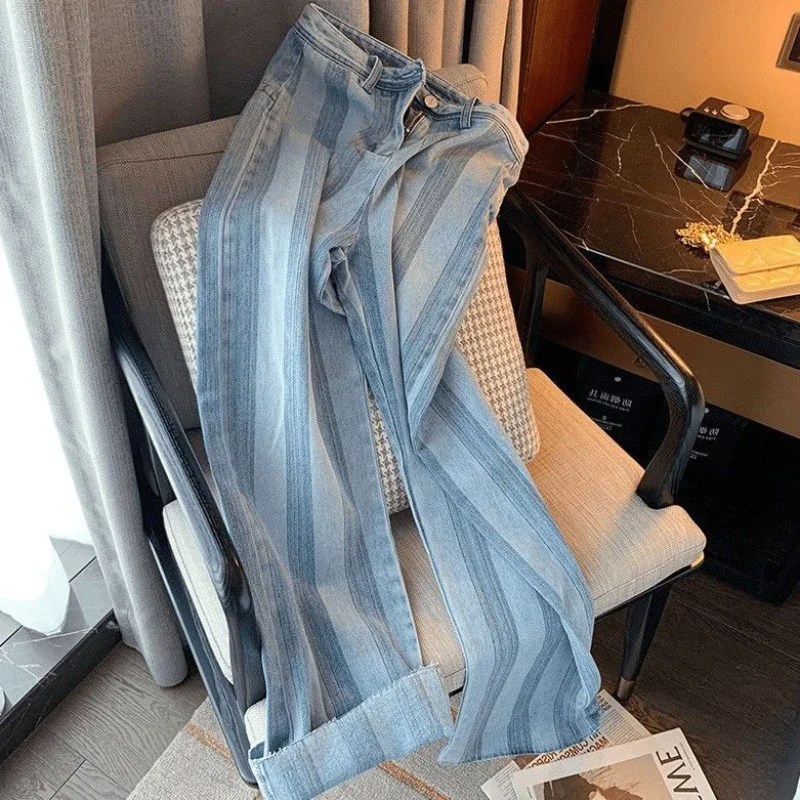 Denim Pants Woman Blue Trousers High Waist Shot Vertical Stripes Jeans for Women Straight Leg A Trend 2024 Medium Top Selling R