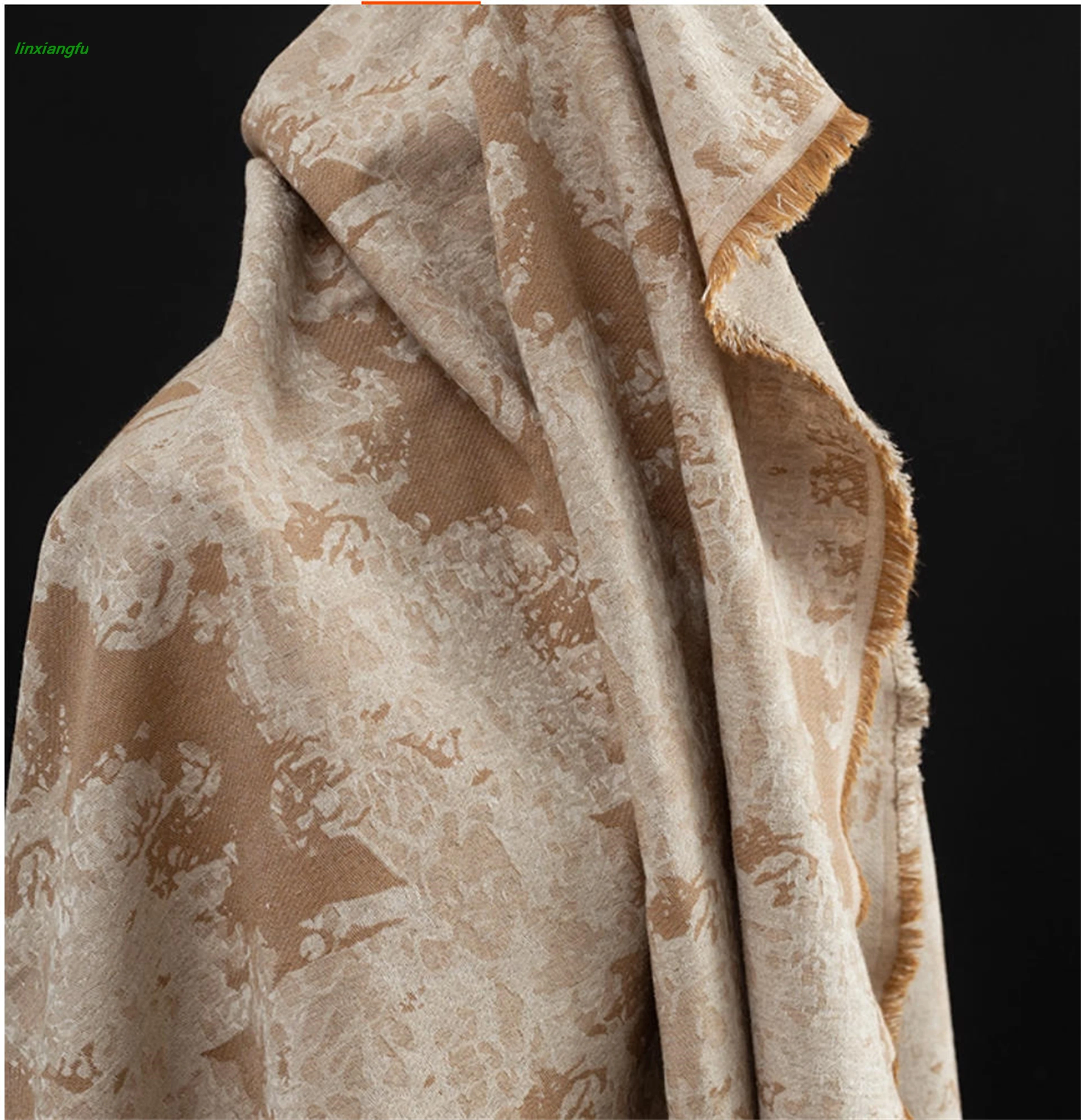Dark flower scar cotton linen jacquard fabric,orange white standing silhouette fabric,high-end outerwear \ suit clothing fabric