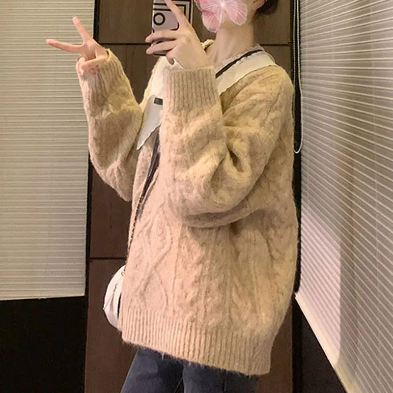 Vintage Lace Doll Collar Jumpers Knitted Women's Clothing Korean Loose 2024 Autumn Winter Casual Fashion Drawstring Bow Sweaters