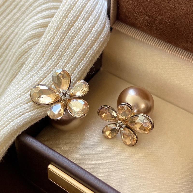 Coreano novo design moda jóias champanhe cristal flor pérola brincos elegantes feminino acessórios de trabalho diário