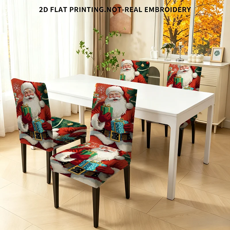 4/6PCS Santa Gift Box Dining Chair Cover, High Elastic 2D Printed Chair Cover, Washable Chair Cover, Christmas Decoration