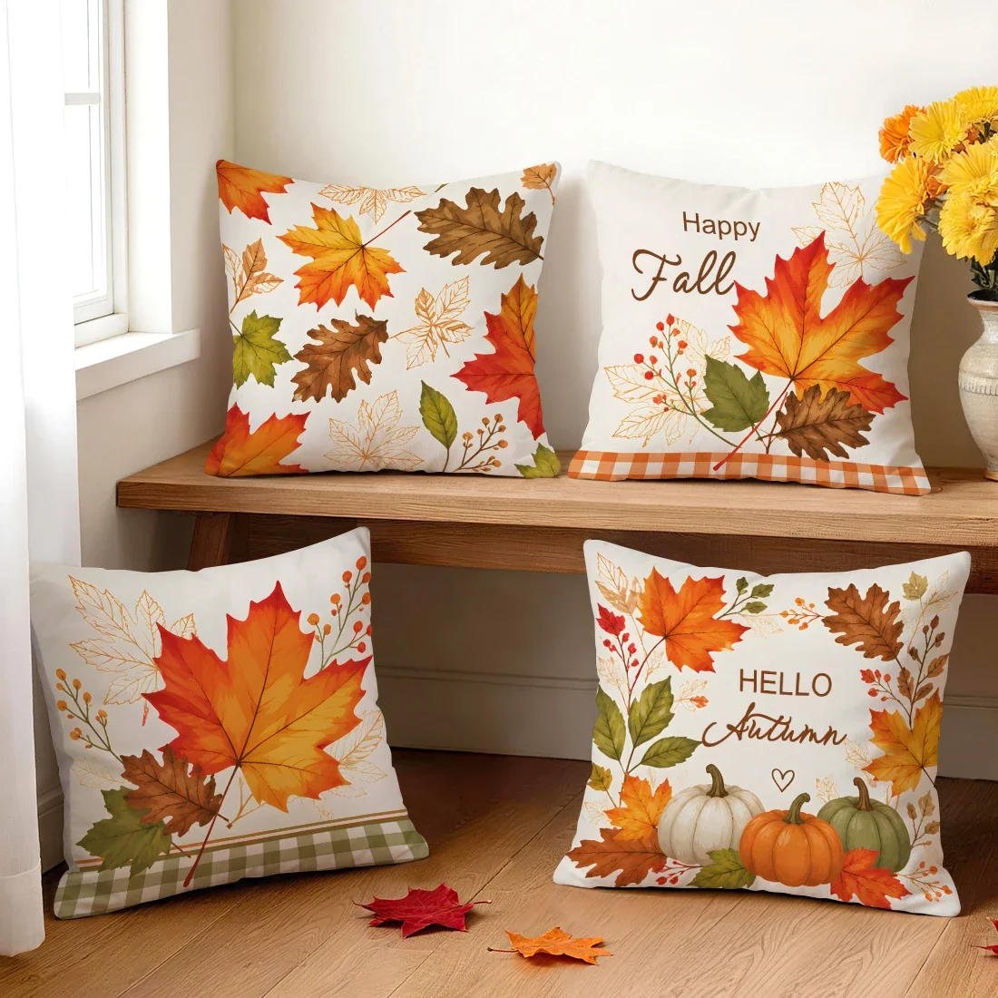 1pcs/4pcs Plaid Maple Leaf Autumn Text Cushions Pillowcase Polyester Cushion Cover Throw Pillow Pillowcover Home Car Sofa Decor