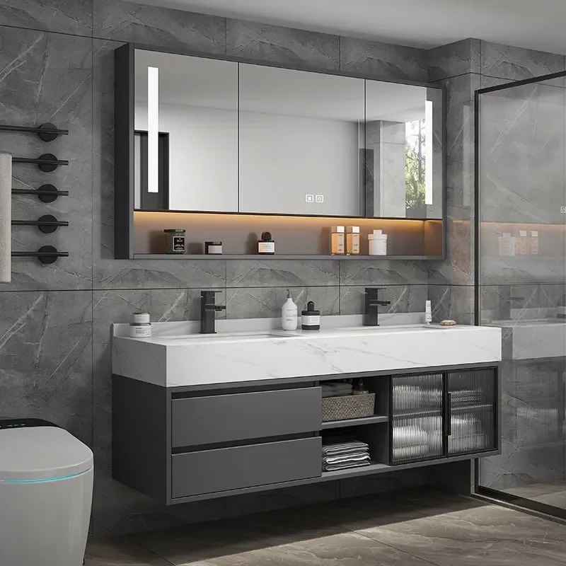 for Light Luxury Rock Slab Integrated Bathroom Cabinet Solid Wood Double Basin Vanity Unit Washbasin Sink Combo