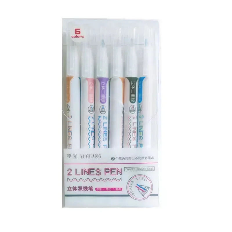 6pcs 2 Lines Colored Marker Pens DIY Drawing Painting Graffiti Pen 0.5mm Gel Pens Pigment Liner Highlighter Kawaii Stationery