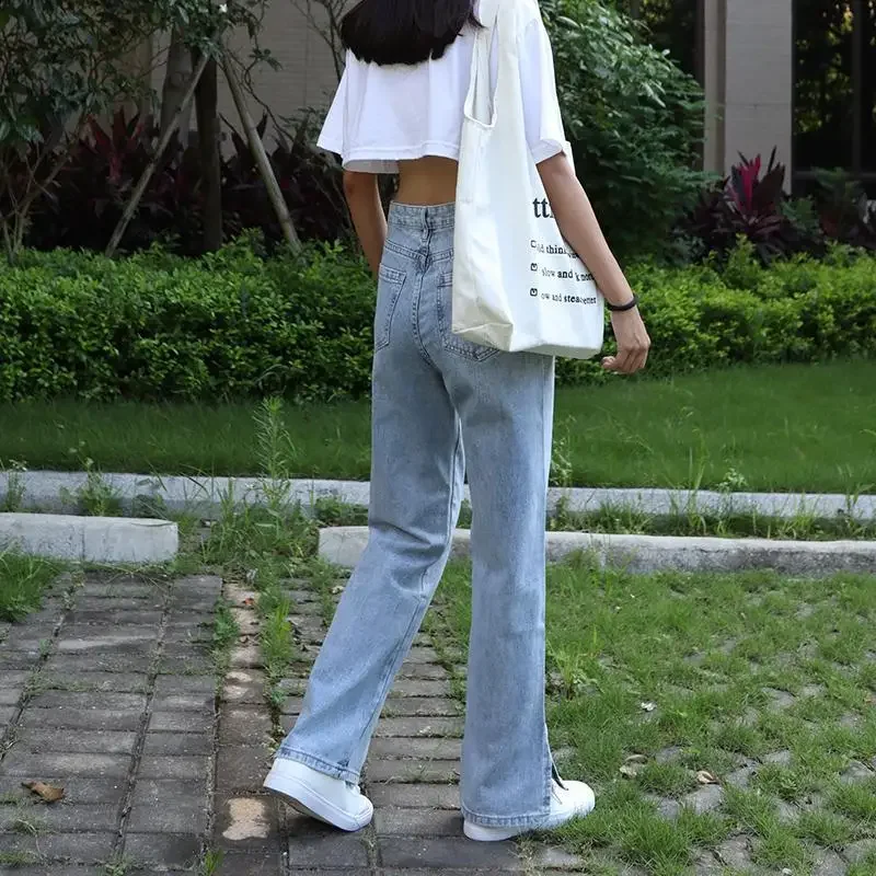 

Denim Pants for Women High Waist Straight Leg Woman Jeans Korean Fashion Shiny Baggy Fitted South Korea Medium Wash 90s Trousers