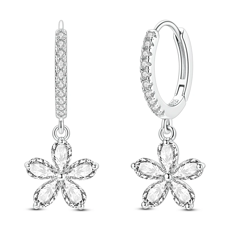 

925 Sterling Silver Earrings Women Sparkling Five-Petaled Flower Drop Earring For Anniversary Wedding Jewelry Gifts