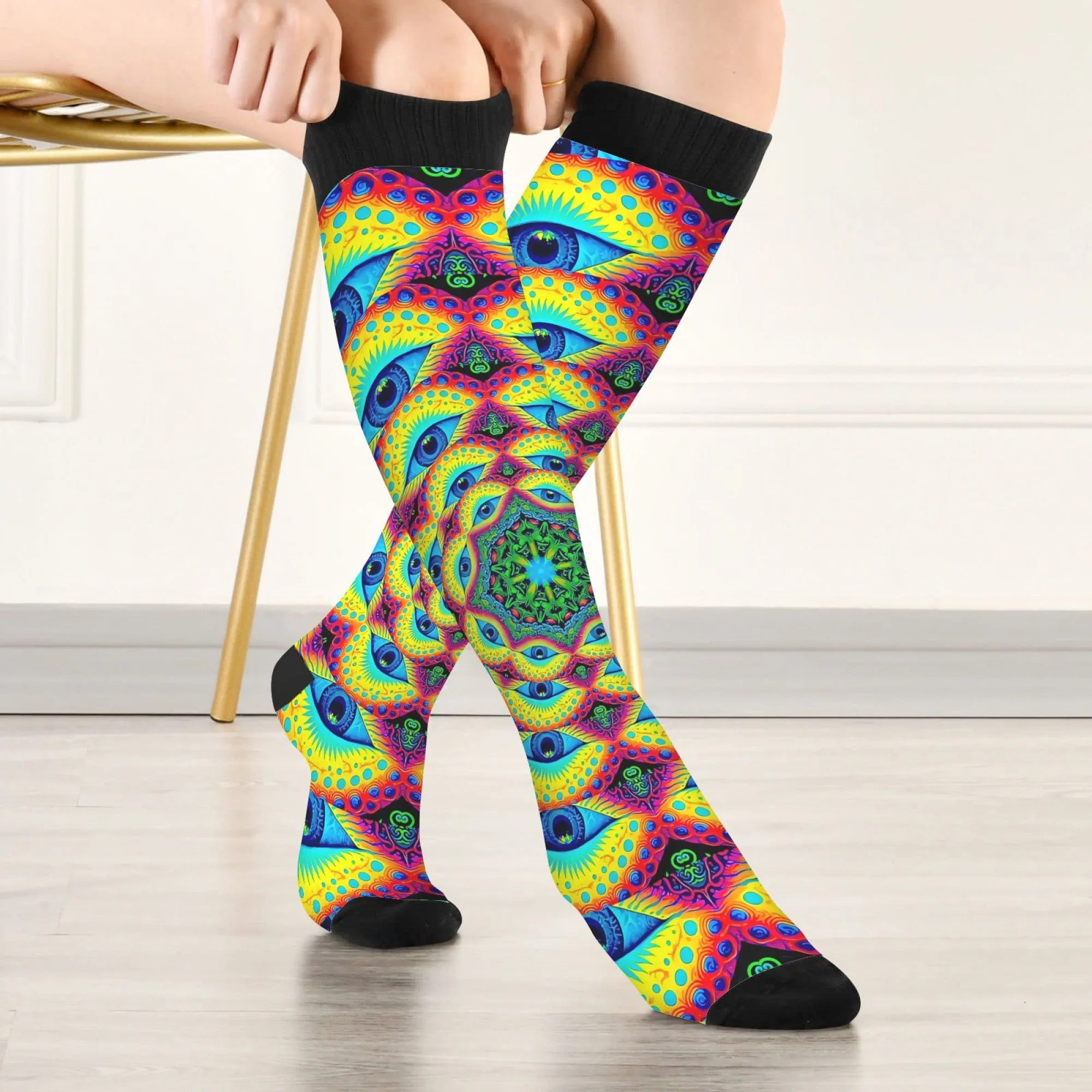 

Psychedelic Eye-themed Mandala Knee-high Socks Multicolored Swirls Intricate Eye Pupil Designs Soft Warm for Artistic Edge