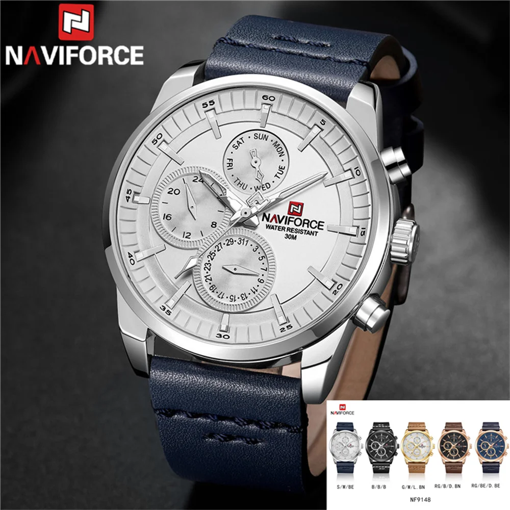 NAVIFORCE Men Wristwatch Top Brand Luxury Waterproof Man Watch Blue Genuine Leather Sport Military Army Quartz Male Clock 9148