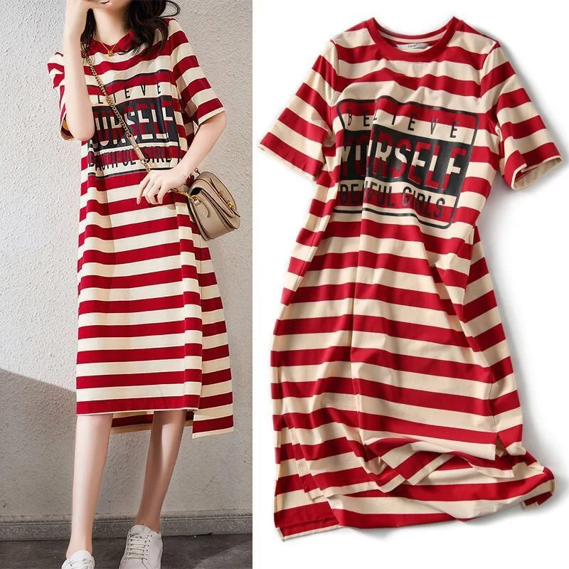 2025 Summer Loose Slimming Striped Printed T-shirt Dress Women's Mid Length Short Sleeved Skirt