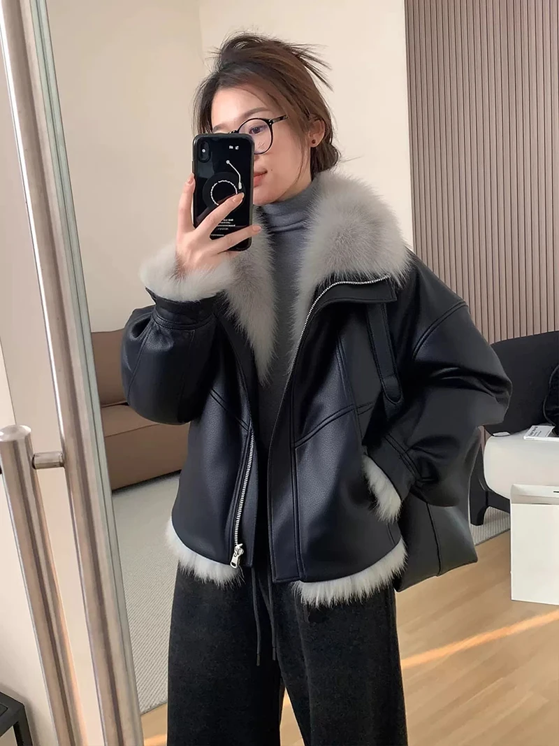 Faux Fur Collar PU Leather Jacket Black Winter Long Sleeved Zip Up Short Moto Coat Women Fleece Lined Warm Casual Outerwear