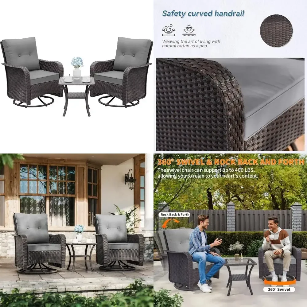 Gotland Patio Furniture Set: 2 Swivel Chairs with Waterproof Cushions and Double-Layer Side Table